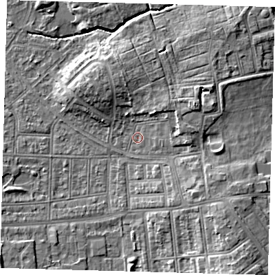 Shaded relief map of the ground around N177AH, computed from Environment Agency LiDAR. The ground here sits at about 14 m above sea level and falls 9 m across the surrounding 800 m. Surface water reaching this point runs off ground lying to the north-north-west, 4.0 m higher.
