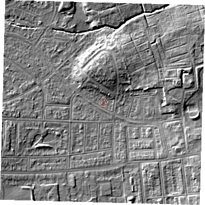 Shaded relief map of the ground around N177AJ, computed from Environment Agency LiDAR. The ground here sits at about 14 m above sea level and falls 8 m across the surrounding 800 m. Surface water reaching this point runs off ground lying to the east-south-east, 5.2 m higher.