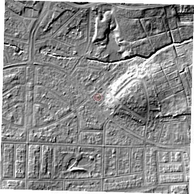 Shaded relief map of the ground around N177AL, computed from Environment Agency LiDAR. The ground here sits at about 14 m above sea level and falls 7 m across the surrounding 800 m. Surface water reaching this point runs off ground lying to the south-west, 5.6 m higher.