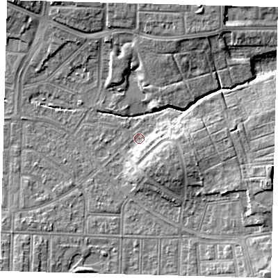 Shaded relief map of the ground around N177AN, computed from Environment Agency LiDAR. The ground here sits at about 14 m above sea level and falls 9 m across the surrounding 800 m. Surface water reaching this point runs off ground lying to the east-south-east, 5.6 m higher.