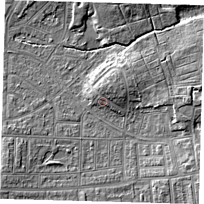 Shaded relief map of the ground around N177AR, computed from Environment Agency LiDAR. The ground here sits at about 16 m above sea level and falls 7 m across the surrounding 800 m. Surface water reaching this point runs off ground lying to the north-north-east, 2.2 m higher.