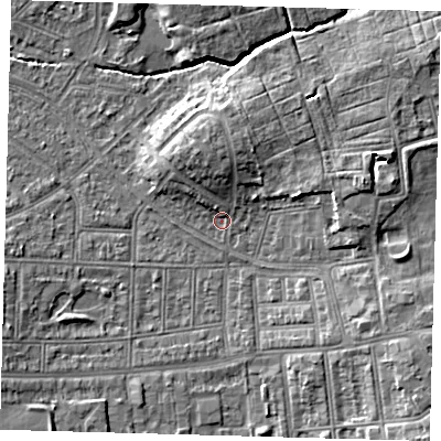 Shaded relief map of the ground around N177AS, computed from Environment Agency LiDAR. The ground here sits at about 14 m above sea level and falls 9 m across the surrounding 800 m. Surface water reaching this point runs off ground lying to the north, 4.5 m higher.