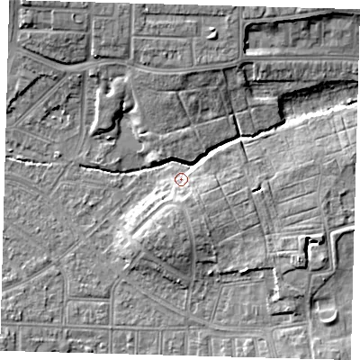Shaded relief map of the ground around N177AX, computed from Environment Agency LiDAR. The ground here sits at about 15 m above sea level and falls 11 m across the surrounding 800 m. Surface water reaching this point runs off ground lying to the north-north-west, 8.2 m higher.