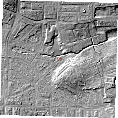 Shaded relief map of the ground around N177BB, computed from Environment Agency LiDAR. The ground here sits at about 14 m above sea level and falls 11 m across the surrounding 800 m. Surface water reaching this point runs off ground lying to the south-west, 4.7 m higher.