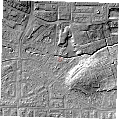 Shaded relief map of the ground around N177BD, computed from Environment Agency LiDAR. The ground here sits at about 14 m above sea level and falls 11 m across the surrounding 800 m. Surface water reaching this point runs off ground lying to the north-west, 11.4 m higher.