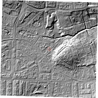 Shaded relief map of the ground around N177BE, computed from Environment Agency LiDAR. The ground here sits at about 14 m above sea level and falls 8 m across the surrounding 800 m. Surface water reaching this point runs off ground lying to the east, 5.6 m higher.