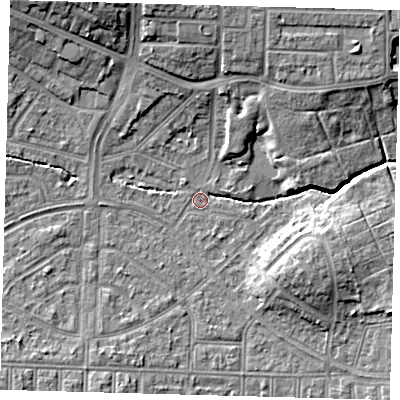 Shaded relief map of the ground around N177BG, computed from Environment Agency LiDAR. The ground here sits at about 14 m above sea level and falls 12 m across the surrounding 800 m. Surface water reaching this point runs off ground lying to the east-south-east, 6.6 m higher.