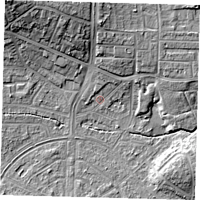 Shaded relief map of the ground around N177BJ, computed from Environment Agency LiDAR. The ground here sits at about 15 m above sea level and falls 19 m across the surrounding 800 m. Surface water reaching this point runs off ground lying to the north, 10.7 m higher.