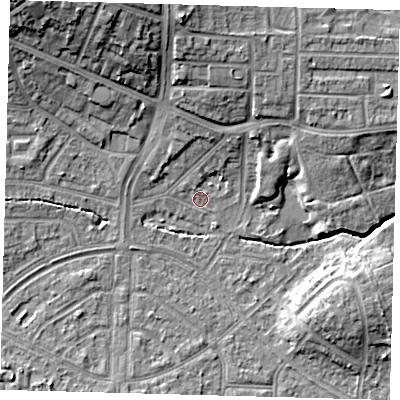 Shaded relief map of the ground around N177BL, computed from Environment Agency LiDAR. The ground here sits at about 14 m above sea level and falls 15 m across the surrounding 800 m. Surface water reaching this point runs off ground lying to the north-north-west, 15.2 m higher.