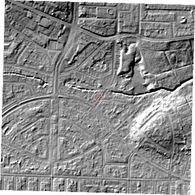 Shaded relief map of the ground around N177BN, computed from Environment Agency LiDAR. The ground here sits at about 14 m above sea level and falls 11 m across the surrounding 800 m. Surface water reaching this point runs off ground lying to the east-south-east, 6.6 m higher.