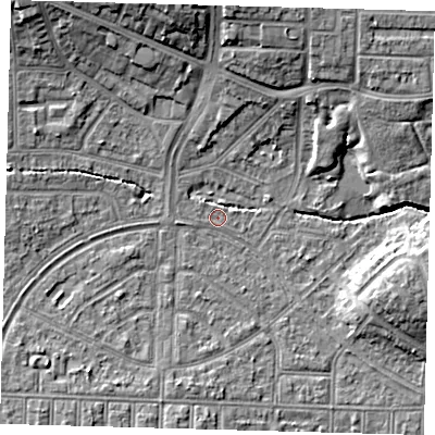 Shaded relief map of the ground around N177BP, computed from Environment Agency LiDAR. The ground here sits at about 14 m above sea level and falls 12 m across the surrounding 800 m. Surface water reaching this point runs off ground lying to the north-west, 1.6 m higher.