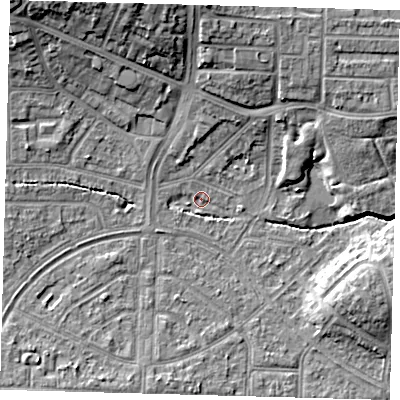 Shaded relief map of the ground around N177BZ, computed from Environment Agency LiDAR. The ground here sits at about 13 m above sea level and falls 14 m across the surrounding 800 m. Surface water reaching this point runs off ground lying to the north, 11.8 m higher.