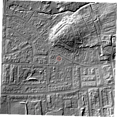 Shaded relief map of the ground around N177DA, computed from Environment Agency LiDAR. The ground here sits at about 14 m above sea level and falls 8 m across the surrounding 800 m. Surface water reaching this point runs off ground lying to the west-south-west, 5.1 m higher.