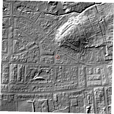 Shaded relief map of the ground around N177DB, computed from Environment Agency LiDAR. The ground here sits at about 14 m above sea level and falls 7 m across the surrounding 800 m. Surface water reaching this point runs off ground lying to the south-west, 6.0 m higher.