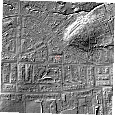 Shaded relief map of the ground around N177DD, computed from Environment Agency LiDAR. The ground here sits at about 14 m above sea level and falls 8 m across the surrounding 800 m. Surface water reaching this point runs off ground lying to the south-west, 6.1 m higher.