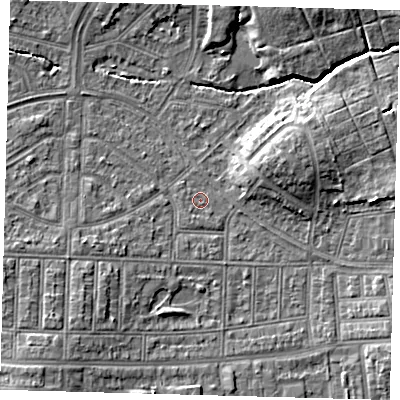 Shaded relief map of the ground around N177DE, computed from Environment Agency LiDAR. The ground here sits at about 14 m above sea level and falls 7 m across the surrounding 800 m. Surface water reaching this point runs off ground lying to the south-west, 5.8 m higher.