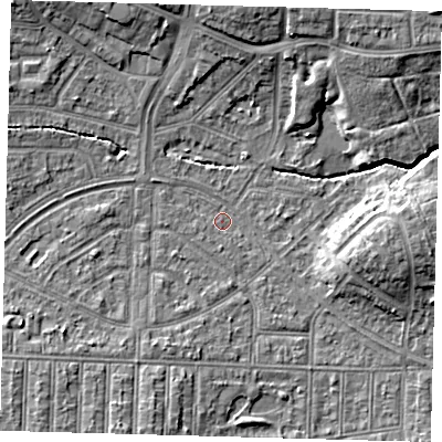 Shaded relief map of the ground around N177DG, computed from Environment Agency LiDAR. The ground here sits at about 14 m above sea level and falls 8 m across the surrounding 800 m. Surface water reaching this point runs off ground lying to the east, 6.6 m higher.