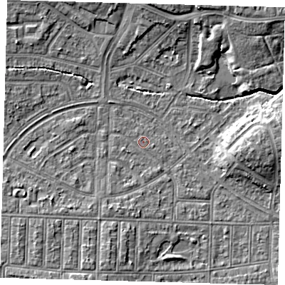 Shaded relief map of the ground around N177DJ, computed from Environment Agency LiDAR. The ground here sits at about 14 m above sea level and falls 8 m across the surrounding 800 m. Surface water reaching this point runs off ground lying to the west-south-west, 1.3 m higher.