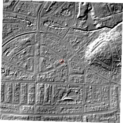 Shaded relief map of the ground around N177DS, computed from Environment Agency LiDAR. The ground here sits at about 14 m above sea level and falls 7 m across the surrounding 800 m. Surface water reaching this point runs off ground lying to the west-south-west, 2.4 m higher.