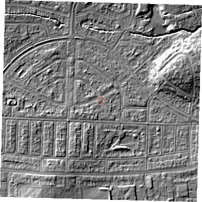 Shaded relief map of the ground around N177DT, computed from Environment Agency LiDAR. The ground here sits at about 15 m above sea level and falls 7 m across the surrounding 800 m. Surface water reaching this point runs off ground lying to the west-south-west, 2.5 m higher.