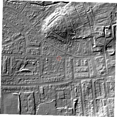Shaded relief map of the ground around N177EN, computed from Environment Agency LiDAR. The ground here sits at about 14 m above sea level and falls 9 m across the surrounding 800 m. Surface water reaching this point runs off ground lying to the south-east, 7.9 m higher.