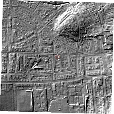 Shaded relief map of the ground around N177EP, computed from Environment Agency LiDAR. The ground here sits at about 14 m above sea level and falls 8 m across the surrounding 800 m. Surface water reaching this point runs off ground lying to the west-south-west, 4.6 m higher.