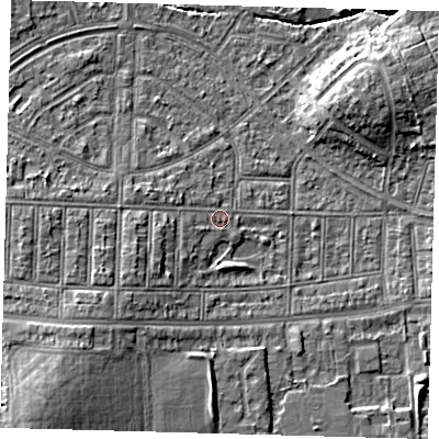 Shaded relief map of the ground around N177ER, computed from Environment Agency LiDAR. The ground here sits at about 15 m above sea level and falls 8 m across the surrounding 800 m. Surface water reaching this point runs off ground lying to the south-west, 4.2 m higher.