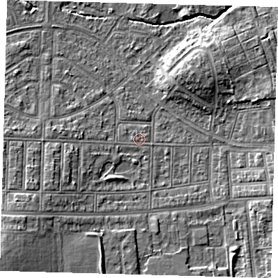 Shaded relief map of the ground around N177HP, computed from Environment Agency LiDAR. The ground here sits at about 14 m above sea level and falls 8 m across the surrounding 800 m. Surface water reaching this point runs off ground lying to the west-south-west, 4.8 m higher.