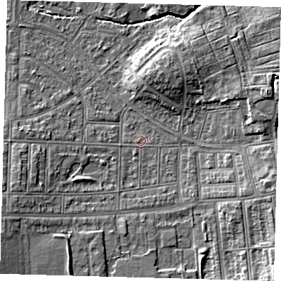 Shaded relief map of the ground around N177HR, computed from Environment Agency LiDAR. The ground here sits at about 14 m above sea level and falls 8 m across the surrounding 800 m. Surface water reaching this point runs off ground lying to the west-south-west, 5.2 m higher.