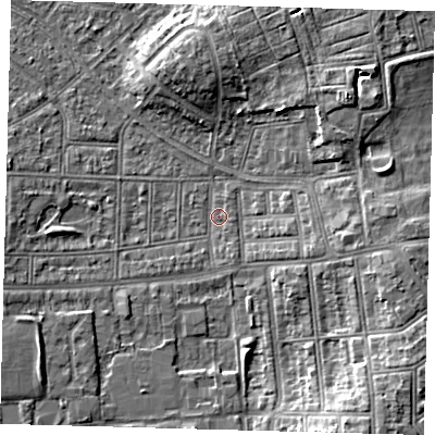 Shaded relief map of the ground around N177NU, computed from Environment Agency LiDAR. The ground here sits at about 14 m above sea level and falls 9 m across the surrounding 800 m. Surface water reaching this point runs off ground lying to the south-east, 8.2 m higher.
