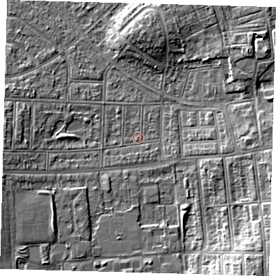 Shaded relief map of the ground around N177NX, computed from Environment Agency LiDAR. The ground here sits at about 14 m above sea level and falls 10 m across the surrounding 800 m. Surface water reaching this point runs off ground lying to the west-south-west, 4.3 m higher.