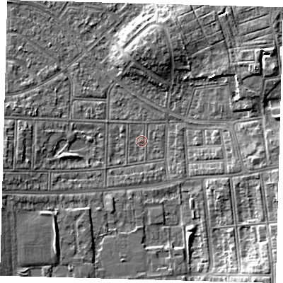 Shaded relief map of the ground around N177NY, computed from Environment Agency LiDAR. The ground here sits at about 14 m above sea level and falls 9 m across the surrounding 800 m. Surface water reaching this point runs off ground lying to the west-south-west, 4.4 m higher.