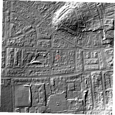 Shaded relief map of the ground around N177PA, computed from Environment Agency LiDAR. The ground here sits at about 14 m above sea level and falls 9 m across the surrounding 800 m. Surface water reaching this point runs off ground lying to the west-south-west, 4.7 m higher.