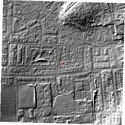 Shaded relief map of the ground around N177PB, computed from Environment Agency LiDAR. The ground here sits at about 14 m above sea level and falls 9 m across the surrounding 800 m. Surface water reaching this point runs off ground lying to the west-south-west, 4.4 m higher.