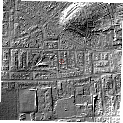 Shaded relief map of the ground around N177PD, computed from Environment Agency LiDAR. The ground here sits at about 14 m above sea level and falls 9 m across the surrounding 800 m. Surface water reaching this point runs off ground lying to the west-south-west, 2.8 m higher.