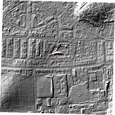 Shaded relief map of the ground around N177PE, computed from Environment Agency LiDAR. The ground here sits at about 15 m above sea level and falls 7 m across the surrounding 800 m. Surface water reaching this point runs off ground lying to the west-south-west, 3.8 m higher.