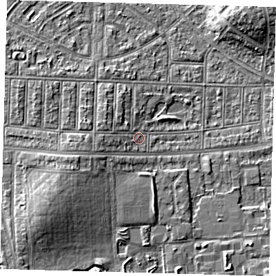 Shaded relief map of the ground around N177QB, computed from Environment Agency LiDAR. The ground here sits at about 16 m above sea level and falls 7 m across the surrounding 800 m. Surface water reaching this point runs off ground lying to the west-south-west, 2.9 m higher.