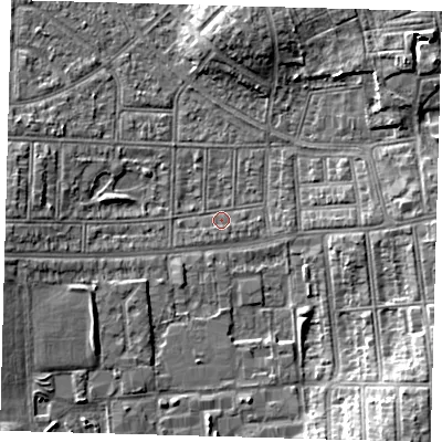 Shaded relief map of the ground around N177QE, computed from Environment Agency LiDAR. The ground here sits at about 14 m above sea level and falls 10 m across the surrounding 800 m. Surface water reaching this point runs off ground lying to the west, 4.3 m higher.