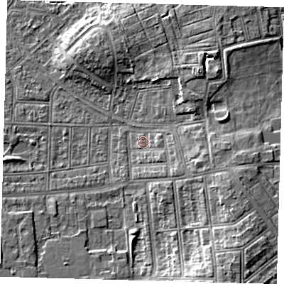 Shaded relief map of the ground around N177QL, computed from Environment Agency LiDAR. The ground here sits at about 15 m above sea level and falls 10 m across the surrounding 800 m. Surface water reaching this point runs off ground lying to the east-south-east, 2.4 m higher.