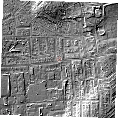 Shaded relief map of the ground around N177QR, computed from Environment Agency LiDAR. The ground here sits at about 15 m above sea level and falls 10 m across the surrounding 800 m. Surface water reaching this point runs off ground lying to the east-north-east, 1.0 m higher.