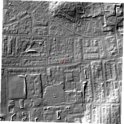 Shaded relief map of the ground around N177QS, computed from Environment Agency LiDAR. The ground here sits at about 15 m above sea level and falls 10 m across the surrounding 800 m. Surface water reaching this point runs off ground lying to the west, 4.0 m higher.