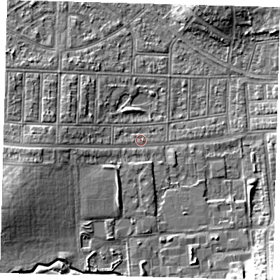 Shaded relief map of the ground around N177QT, computed from Environment Agency LiDAR. The ground here sits at about 15 m above sea level and falls 9 m across the surrounding 800 m. Surface water reaching this point runs off ground lying to the west-south-west, 4.6 m higher.