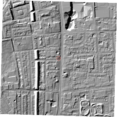 Shaded relief map of the ground around N178AD, computed from Environment Agency LiDAR. The ground here sits at about 12 m above sea level and falls 17 m across the surrounding 800 m. Surface water reaching this point runs off ground lying to the west-north-west, 7.5 m higher.