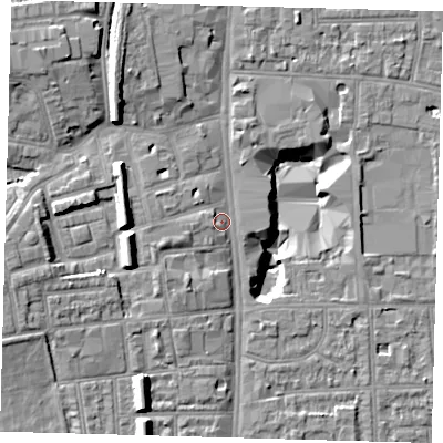 Shaded relief map of the ground around N178AG, computed from Environment Agency LiDAR. The ground here sits at about 11 m above sea level and falls 15 m across the surrounding 800 m. Surface water reaching this point runs off ground lying to the west, 6.6 m higher.