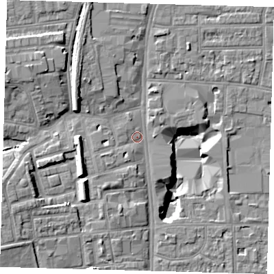 Shaded relief map of the ground around N178AH, computed from Environment Agency LiDAR. The ground here sits at about 11 m above sea level and falls 15 m across the surrounding 800 m. Surface water reaching this point runs off ground lying to the west-north-west, 6.8 m higher.