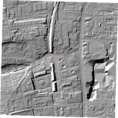 Shaded relief map of the ground around N178DB, computed from Environment Agency LiDAR. The ground here sits at about 13 m above sea level and falls 16 m across the surrounding 800 m. Surface water reaching this point runs off ground lying to the south-south-west, 5.3 m higher.