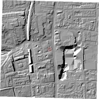 Shaded relief map of the ground around N178DG, computed from Environment Agency LiDAR. The ground here sits at about 12 m above sea level and falls 15 m across the surrounding 800 m. Surface water reaching this point runs off ground lying to the south-west, 2.1 m higher.
