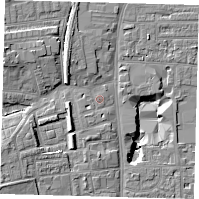 Shaded relief map of the ground around N178DL, computed from Environment Agency LiDAR. The ground here sits at about 12 m above sea level and falls 16 m across the surrounding 800 m. Surface water reaching this point runs off ground lying to the south-west, 2.7 m higher.