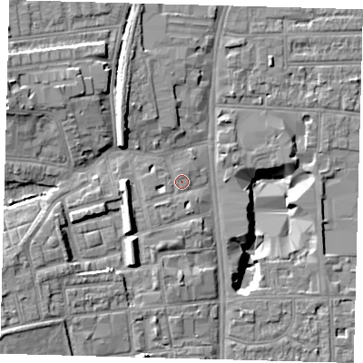 Shaded relief map of the ground around N178DN, computed from Environment Agency LiDAR. The ground here sits at about 12 m above sea level and falls 16 m across the surrounding 800 m. Surface water reaching this point runs off ground lying to the south-west, 2.7 m higher.