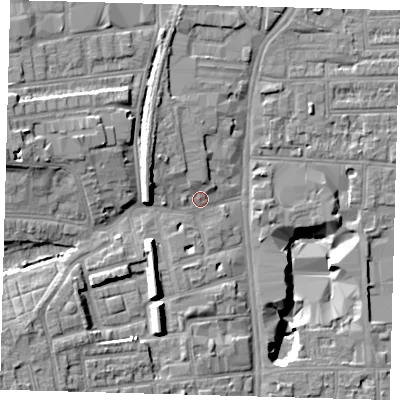 Shaded relief map of the ground around N178DP, computed from Environment Agency LiDAR. The ground here sits at about 13 m above sea level and falls 16 m across the surrounding 800 m. Surface water reaching this point runs off ground lying to the north-north-west, 2.0 m higher.